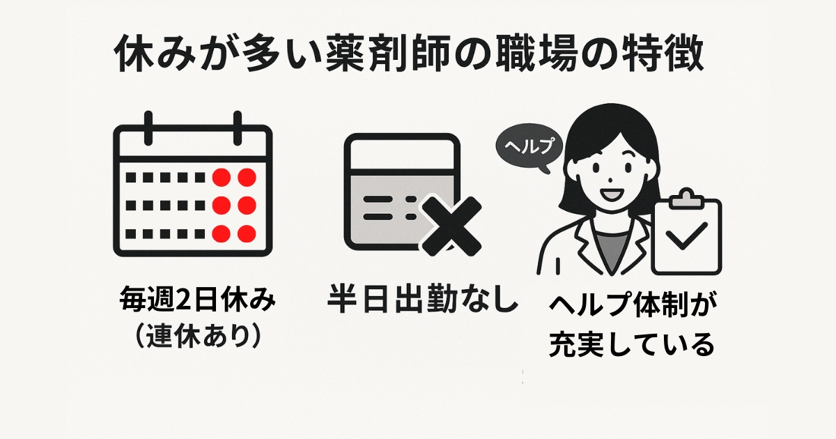 毎週2日連休があり、半日出勤がなく、ヘルプ体制が整っていて有給休暇を取得しやすい薬剤師の職場の特徴を表した図解。