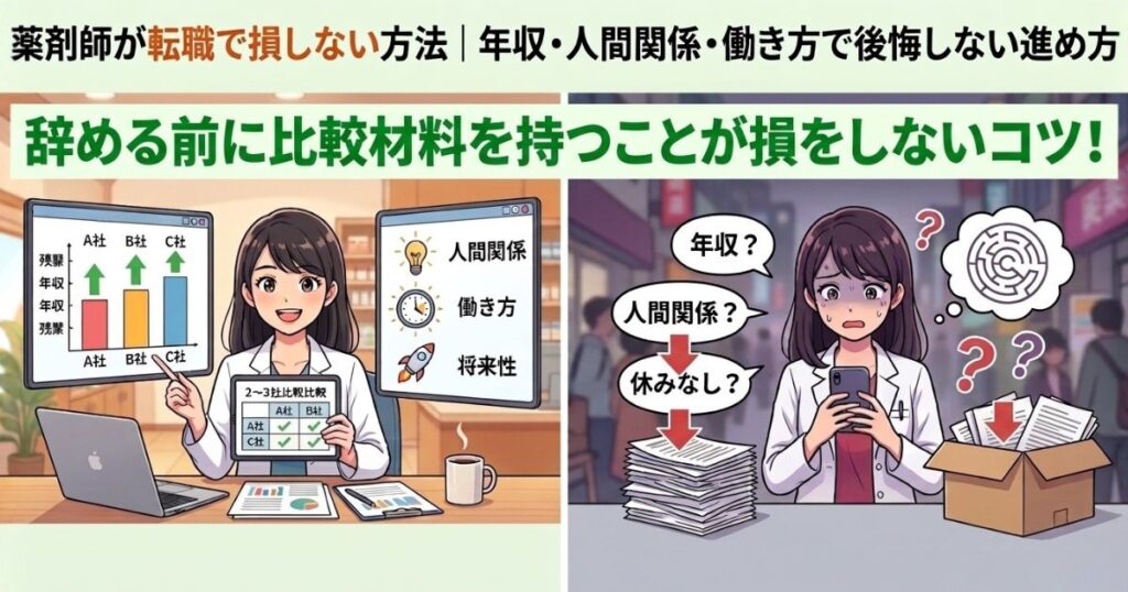 転職活動と退職はどっちが先か悩んでいる薬剤師必見！薬剤師の転職活動は在職中に始めるべき理由を転職2回経験の現役管理薬剤師が解説。実は最近、退職の申し出から退職までの期間が短くなっています。この記事を読めばあなたの転職活動はスムーズに進みます。