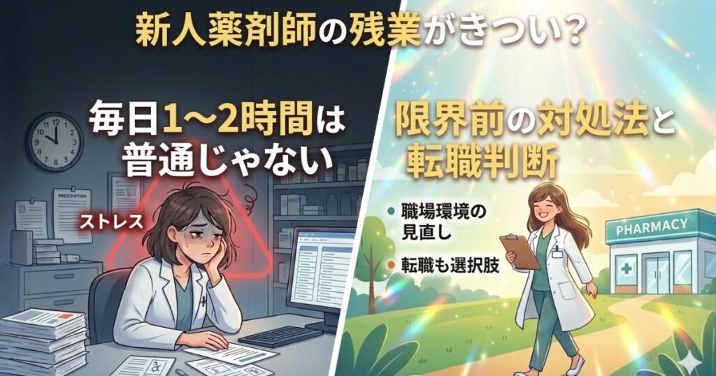 新人薬剤師の残業がきつい？毎日1〜2時間は普通じゃない｜限界前の対処法と転職判断