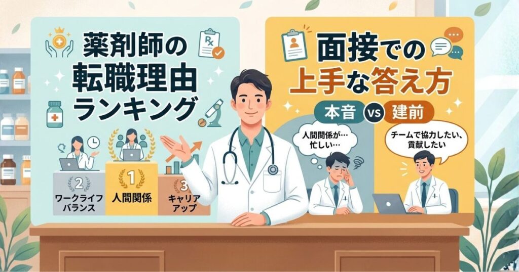 転職理由を面接でどのように答えれば良いか悩んでいる薬剤師は必見!中途薬剤師採用の面接官をしている管理薬剤師が薬剤師の転職理由を多い順にランキングで紹介。この記事を読めば転職理由を面接でどのように回答すれば面接官に好印象を与えることができるのかわかります。