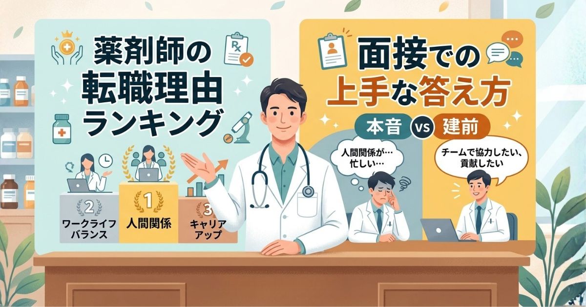 転職理由を面接でどのように答えれば良いか悩んでいる薬剤師は必見！中途薬剤師採用の面接官をしている管理薬剤師が薬剤師の転職理由を多い順にランキングで紹介。この記事を読めば転職理由を面接でどのように回答すれば面接官に好印象を与えることができるのかわかります。