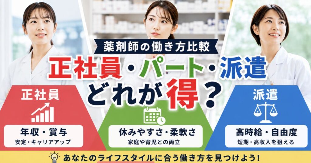 薬剤師の働き方比較|正社員・パート・派遣どれが得?