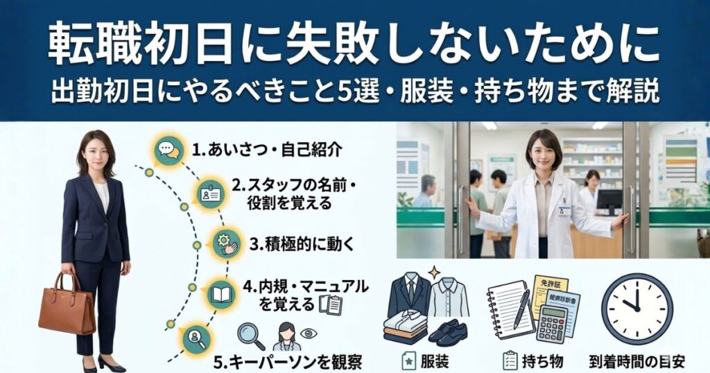 薬剤師の転職初日で失敗しないために｜出勤初日にやるべきこと5選・服装・持ち物まで解説