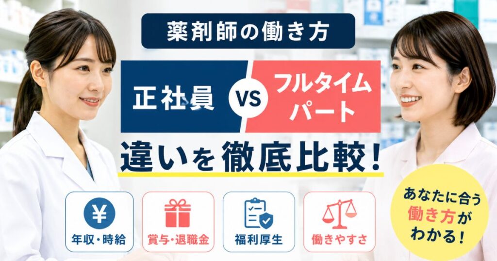 正社員とフルタイムパート薬剤師の違い｜年収・働き方を比較