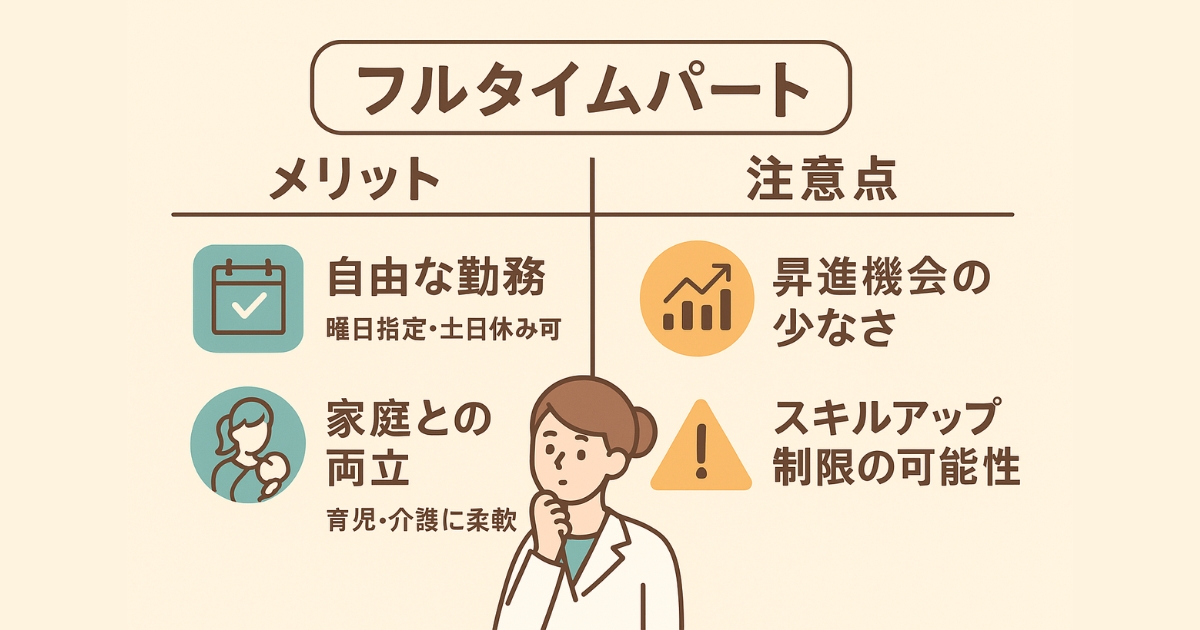 フルタイムパート薬剤師の働き方に関する図解。左側に「自由な勤務（曜日指定・土日休み可）」「家庭との両立（育児・介護に柔軟）」というメリット、右側に「昇進機会の少なさ」「スキルアップ制限の可能性」という注意点を、女性薬剤師のイラストとともに比較形式で視覚的に示している。