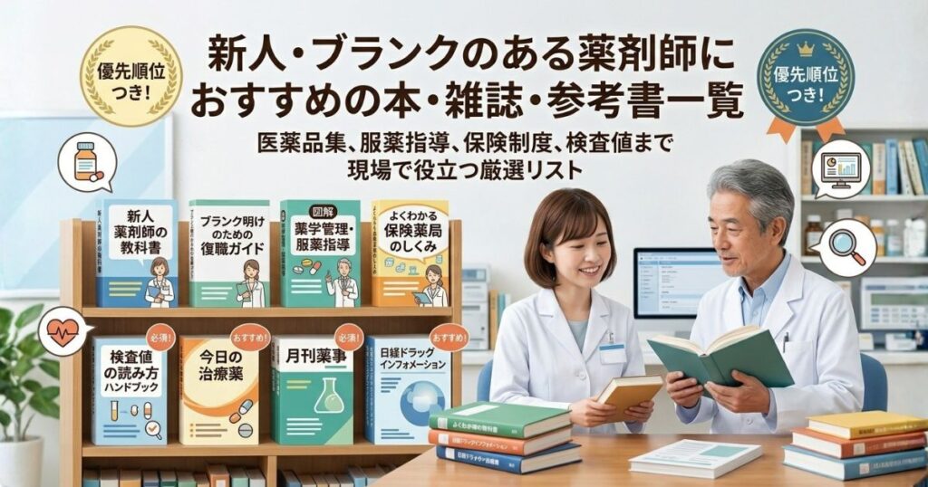 新人薬剤師・ブランクのある薬剤師向けに、2026年版のおすすめ本・雑誌・参考書を厳選。医薬品集、服薬指導、保険制度、検査値など、現場で役立つ本を優先順位つきで紹介します。何から揃えるべきか、続けやすい勉強法までわかります。