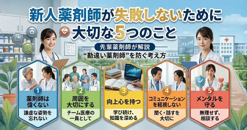 新人薬剤師がやりがちな失敗を防ぐために、始めのうちに頭に入れておいて欲しい大切なことを5つ紹介。知っているのと知らないのとでは今後の成長に大きく差がつきます。