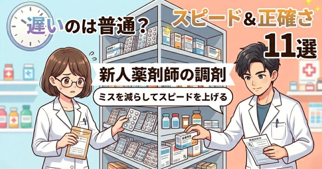 薬局で調剤が遅いと言われて心が折れそうな新人薬剤師に向けて、ミスを減らしつつ調剤スピードを速くする方法をまとめました。これを実践すればあなたの調剤スピードは格段にアップします。
