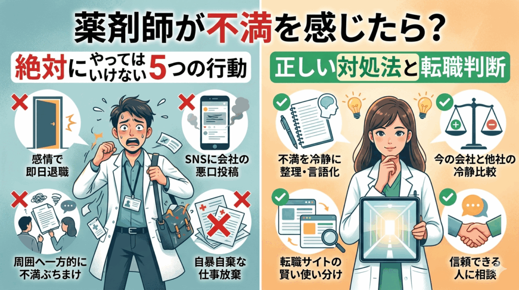 薬剤師が仕事や会社に不満を感じたら？絶対にやってはいけない5つの行動と正しい対処法