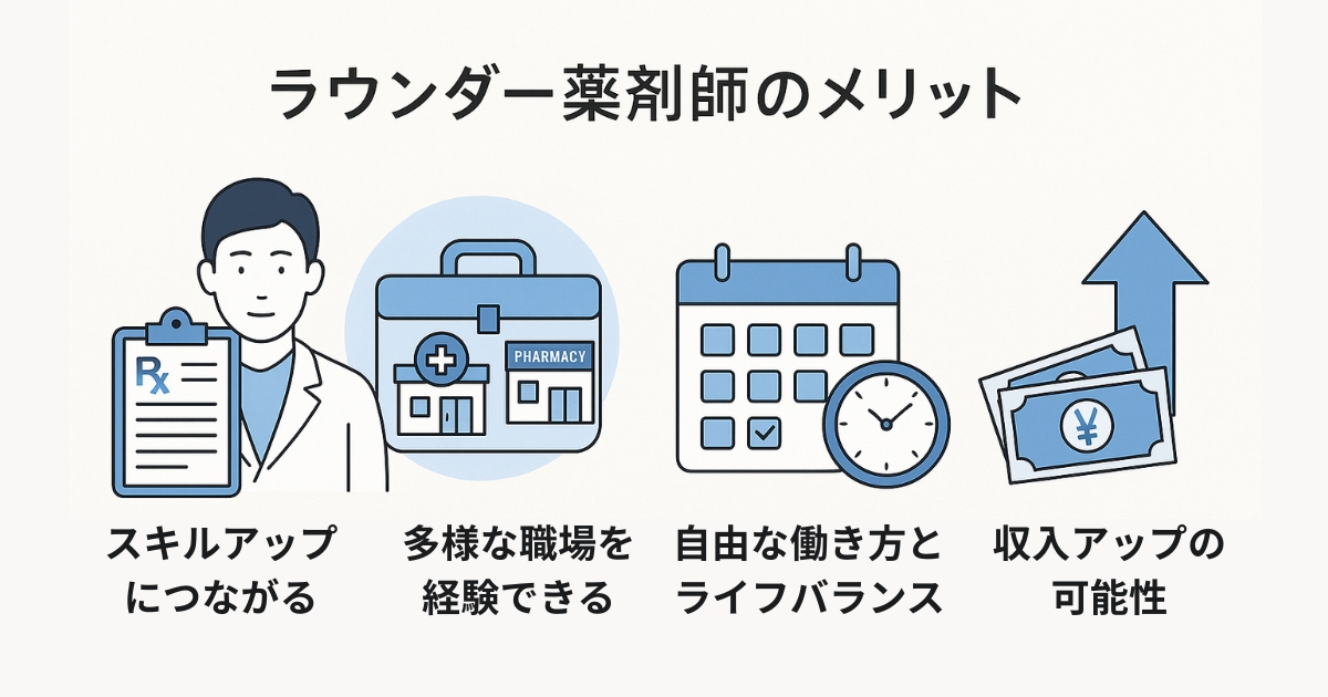 ラウンダー薬剤師として働くメリットを一覧で示した図。スキルアップ、多様な経験、柔軟な働き方、高収入の可能性などが図解されている。