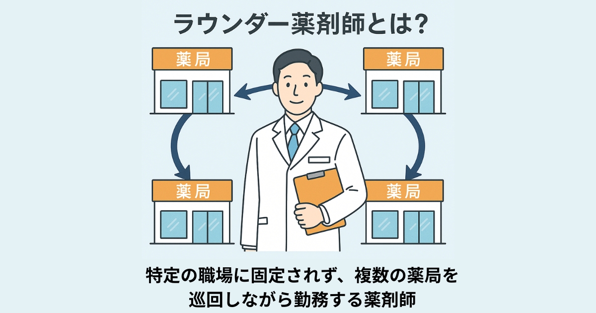 ラウンダー薬剤師とは何かを説明する図。男性薬剤師が複数の薬局を矢印でつながれながら巡回する様子が描かれている。
