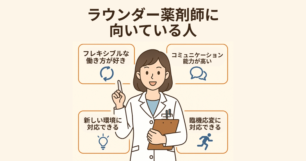 ラウンダー薬剤師に向いている人の特徴をまとめたイラスト。中央の女性薬剤師のまわりに、柔軟性・適応力・コミュニケーション力・変化への対応などの要素が図解されている。