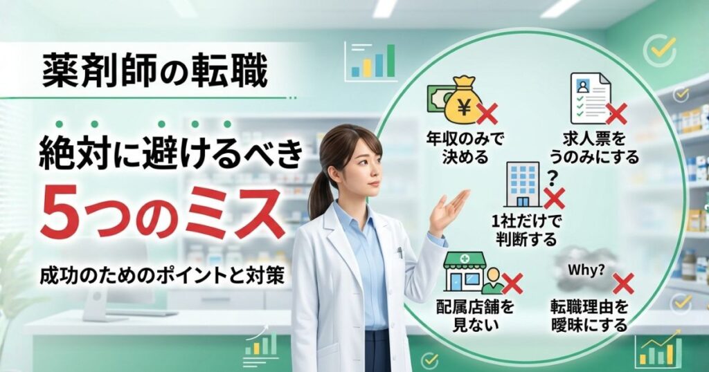 薬剤師の転職で絶対に避けたいのは、年収だけで決めること、求人情報をうのみにすること、転職理由を曖昧にしたまま進むこと、1社だけで判断すること、配属予定の店舗を確認しないことです。この5つを外すだけでも、転職後の後悔はかなり減らせます。