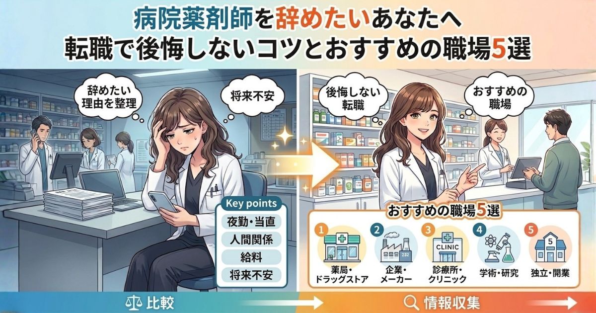 病院薬剤師を辞めたいあなたへ｜転職成功のコツとおすすめの職場5選【2026年最新版】