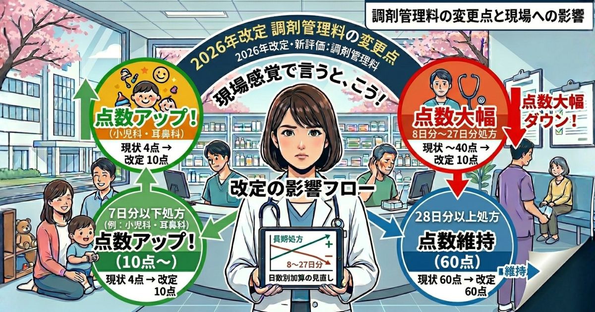 調剤管理料は2026年改定でどう変わる？小児科・耳鼻科・内科・大病院門前の影響を比較解説