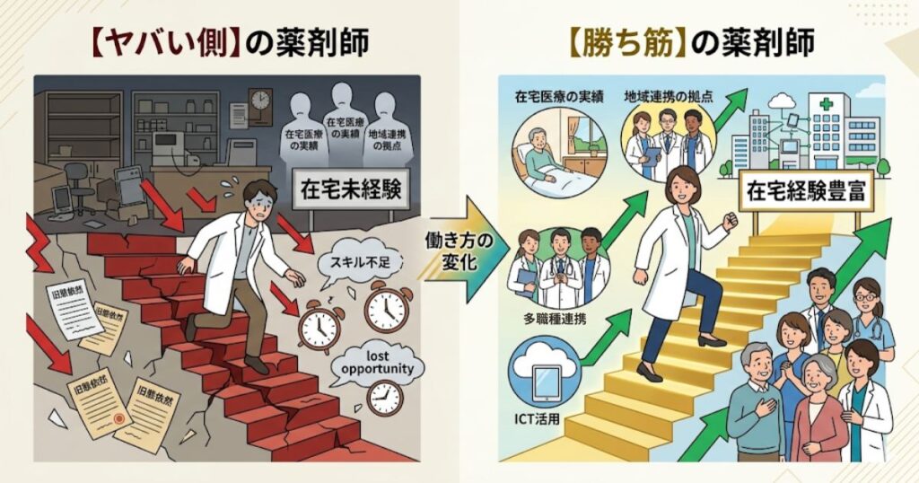 在宅をやっていない薬剤師は危ない？2026年調剤報酬改定後に市場価値が上がる薬剤師・下がる薬剤師