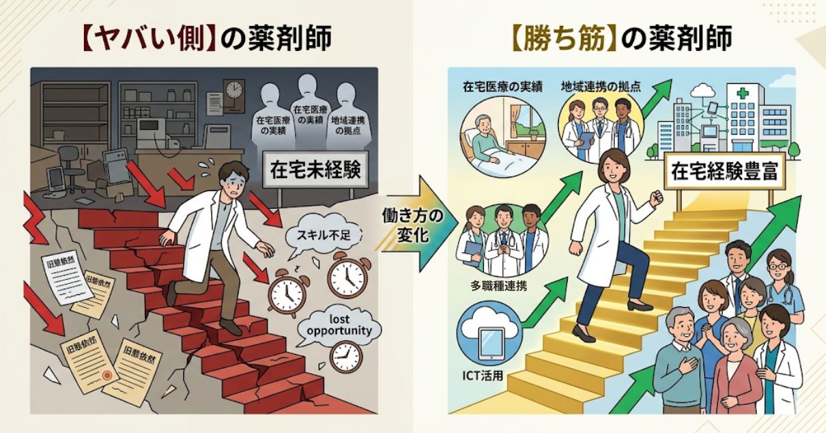在宅をやっていない薬剤師は危ない？2026年調剤報酬改定後に市場価値が上がる薬剤師・下がる薬剤師